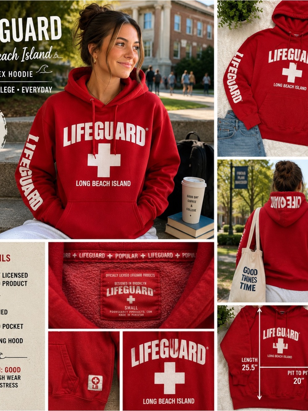 Lifeguard Long Beach Island Hoodie Red Sweatshirt Small Coastal Beach Y2K Surfer